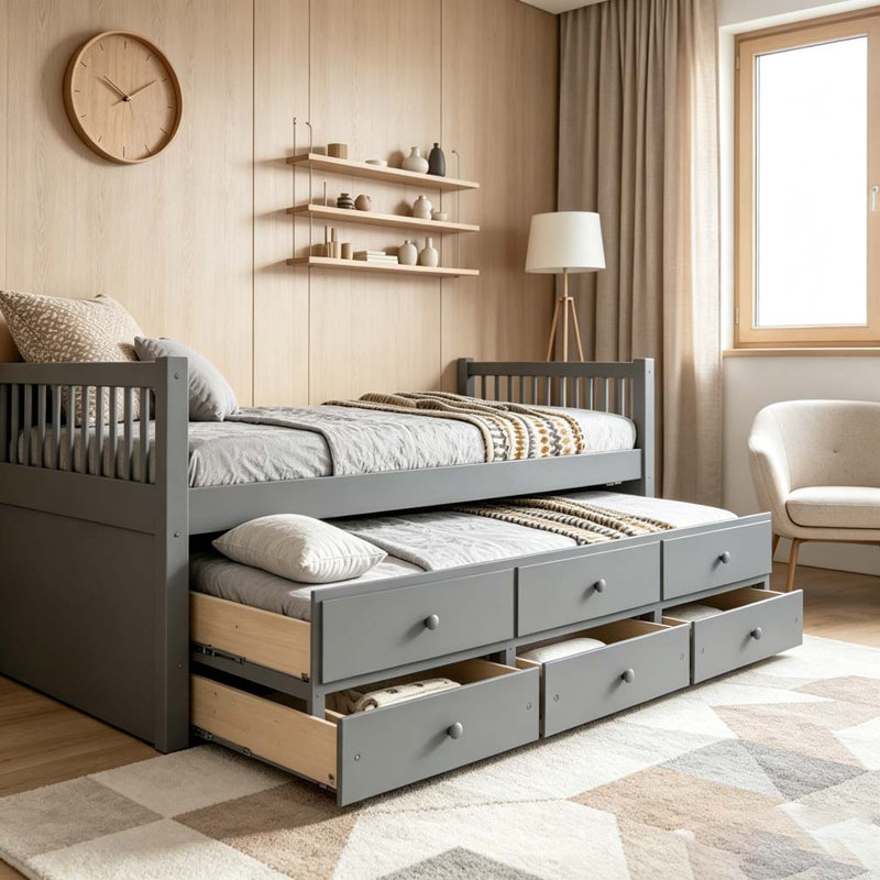 Lit de jour avec couchette et tiroirs, Grey, Lit simple