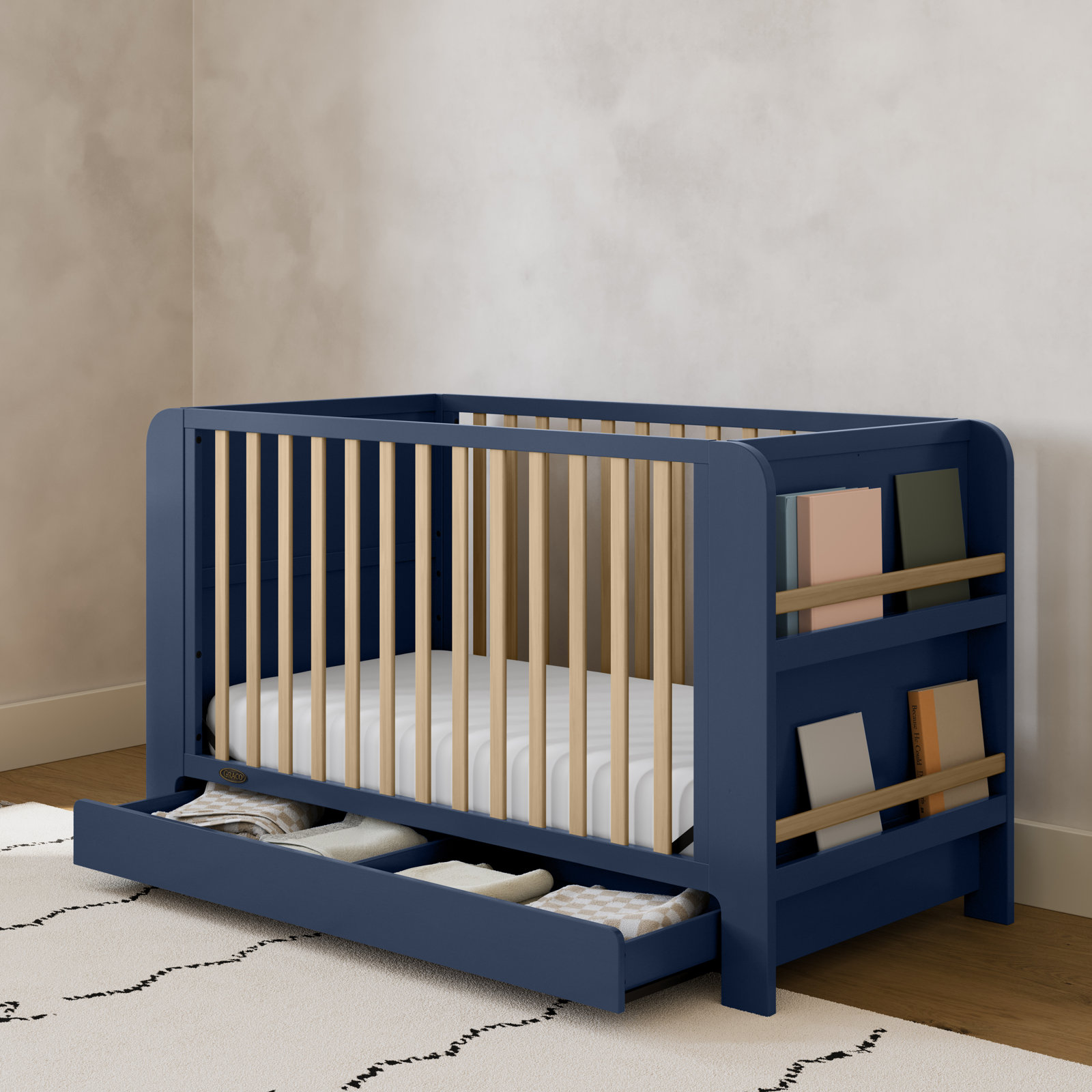 Read-with-Me 4-in-1 Wood Convertible Crib with Drawer, Crib, Midnight Blue/Driftwood