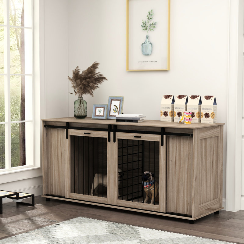 Meuble pour chien de 71 po en noyer avec cloison amovible pour 2 petits / 1 grand chien, tablettes de rangement et cage de table à porte coulissante double