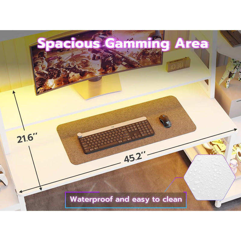 White Ergonomic Gaming Desk with LED Lights and Hutch