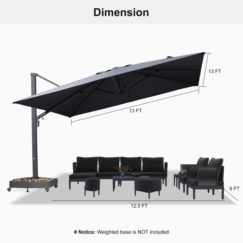 Parasol carré en porte-à-faux de 156 po sans base Shameen, gris, Gris