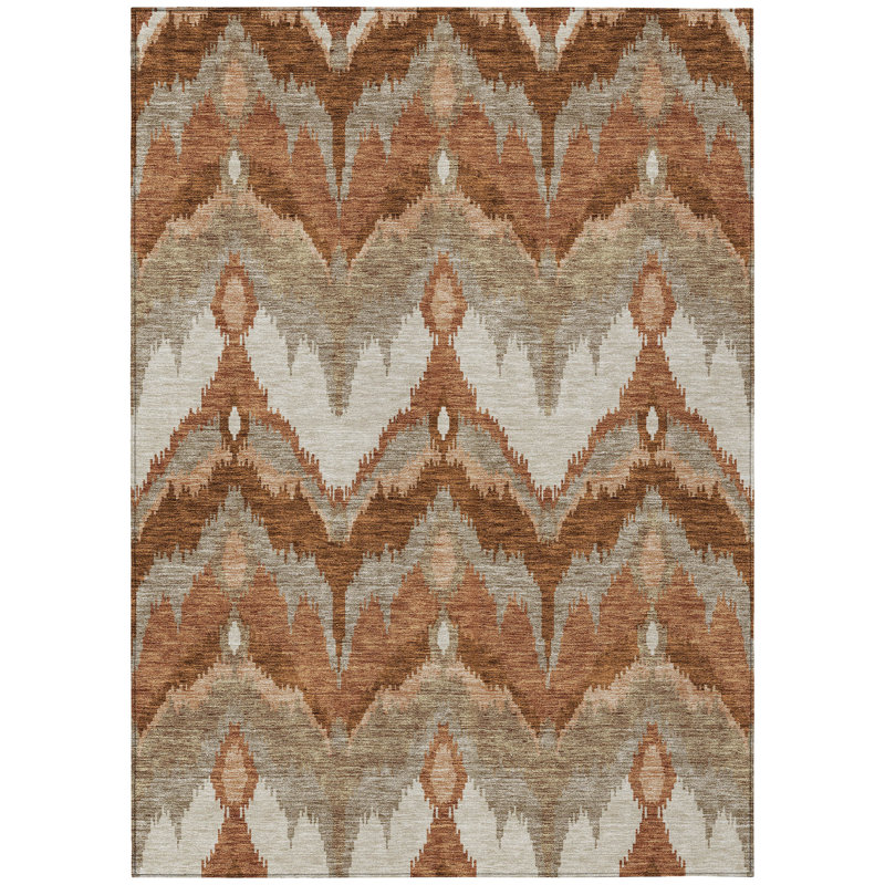 3' X 5' Orange Beige And Copper Ikat Washable Indoor Outdoor Area Rug