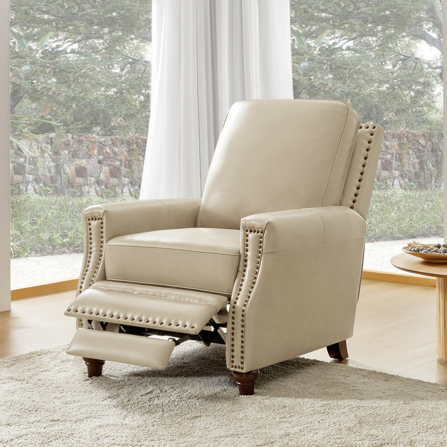 Andrena 33" Genuine Leather Manual Recliner, Beige Genuine Leather