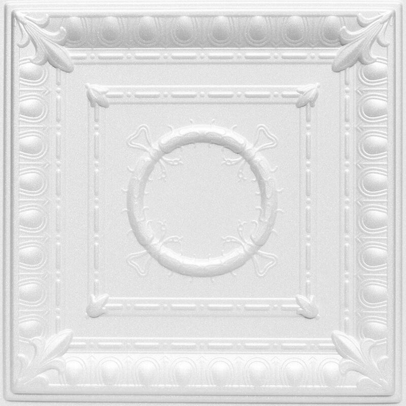 Tuile de plafond en polystyrène à collage romane 1,6 pi x 1,6 pi Romanesque Wreath, Blanc uni