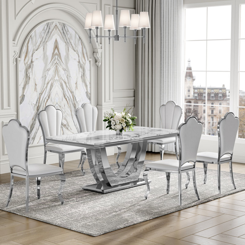 7-Piece Dining Table Set, Marble Veneer MDF Table with 6 Faux Leather Dining Chairs – Modern Dining Room Furniture