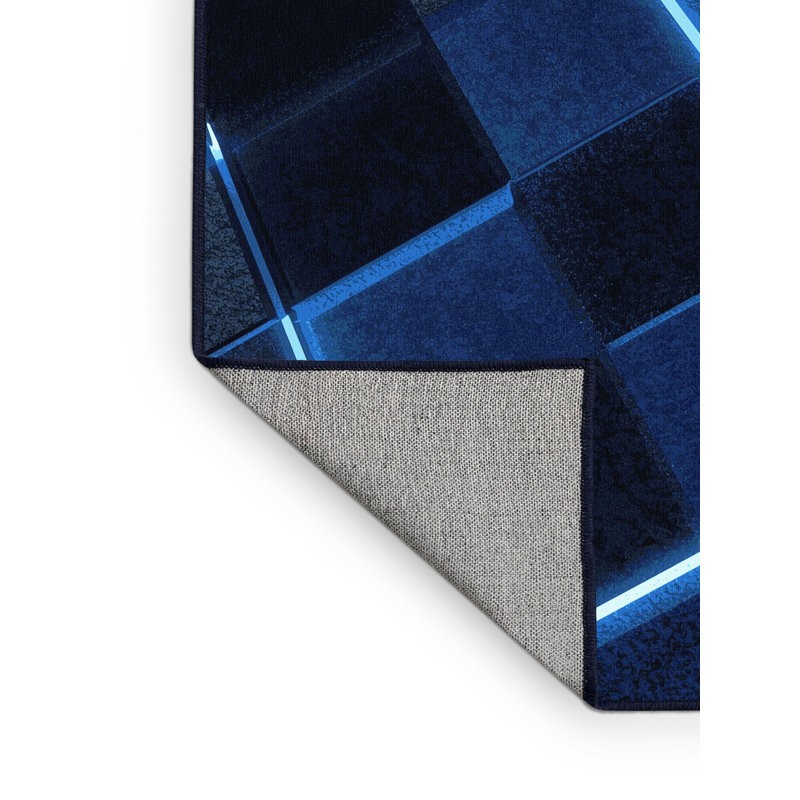 Machine Washable Pahola Retro Checkered Rug in Blue – Navy Binding, 3x5