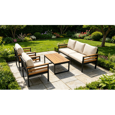 Ensemble de conversation de patio 4 pièces avec coussins amovibles, détails en bois d'acacia et structure en métal robuste pour le jardin