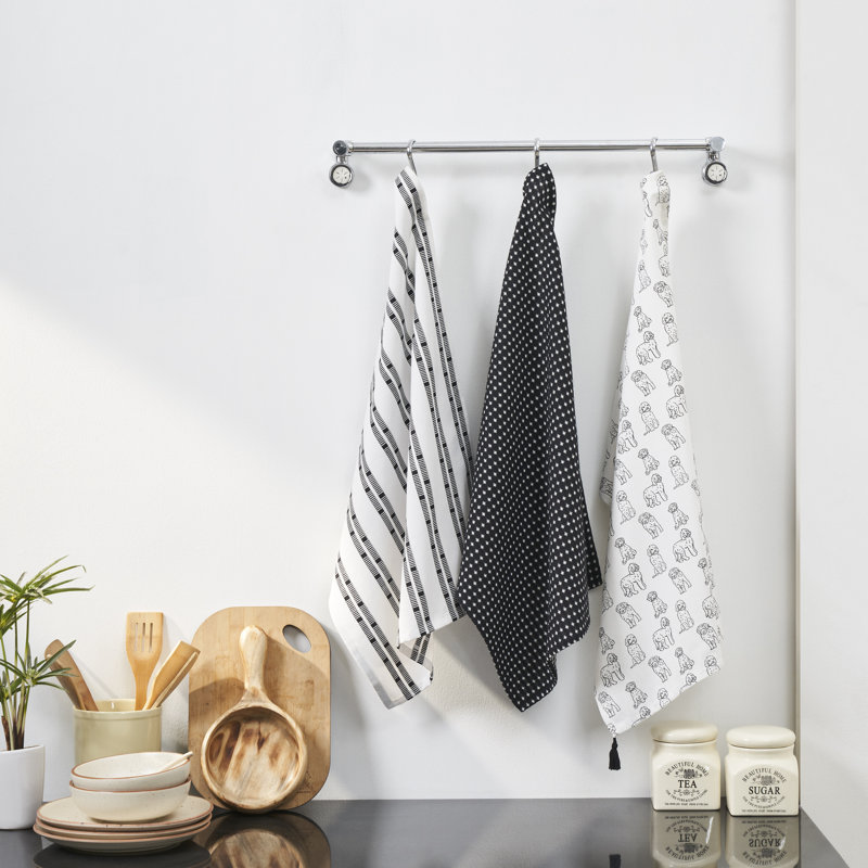 Tea Towel Kitchen Towel, 3, Black/White