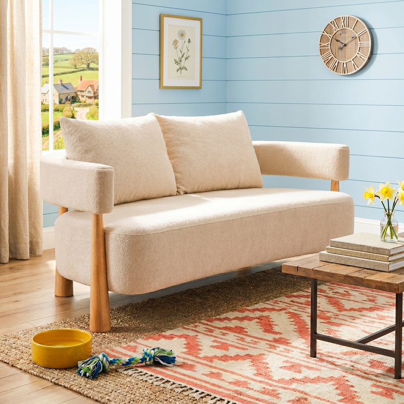 67" Chenille Upholstered Loveseat Sofa with Curved Arm & 2 Pillows, Pebble, Pebble