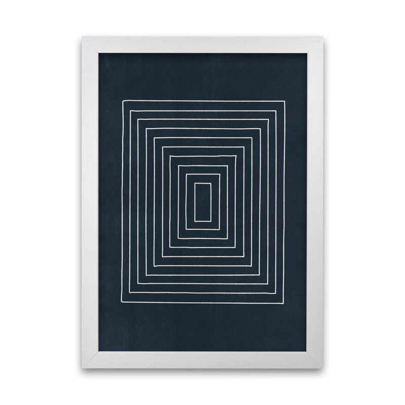 Lino Style Blue Geometric Squares - Print, White Frame, 84cm H x 59cm W x 3cm D
