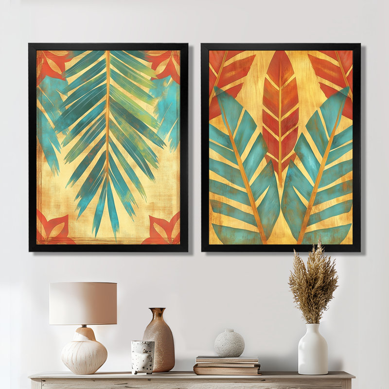 Feuille de palmier à la lumière émeraude I - Eucalyptus, tableau encadré en deux parties, 32" H x 48" W, Black Picture Framed