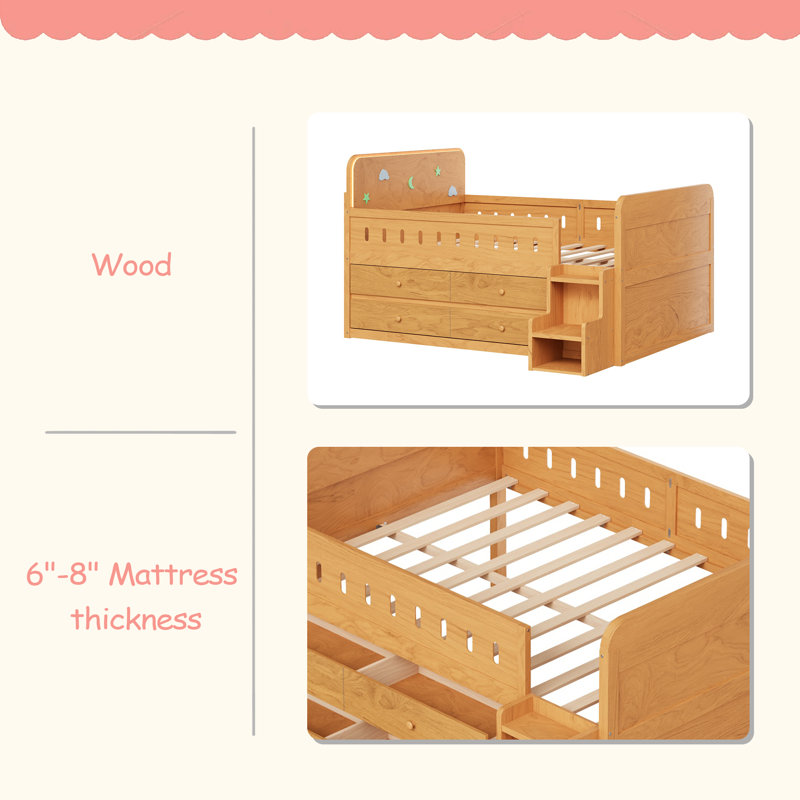 Lit double en bois avec lumière DEL, tiroirs de rangement, Bois