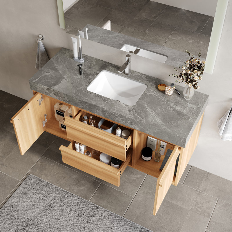 Ensemble de meuble-lavabo mural 48 po Mid Century, Oak, Grey