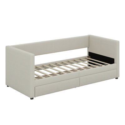 Twin Size Daybed With Two Drawers And Stripe Shaped Headboard Design