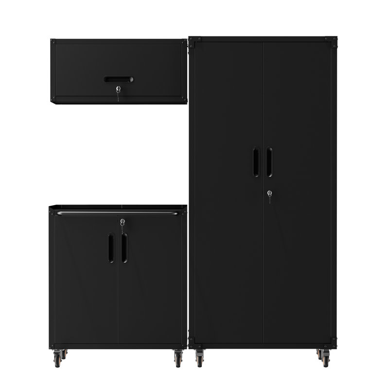 Ensemble de rangement pour garage en 3 pièces : armoires métalliques à roulettes, armoire murale, armoire à roulettes à 2 portes, armoire à panneaux perforés haute et coffre à outils verrouillable.
