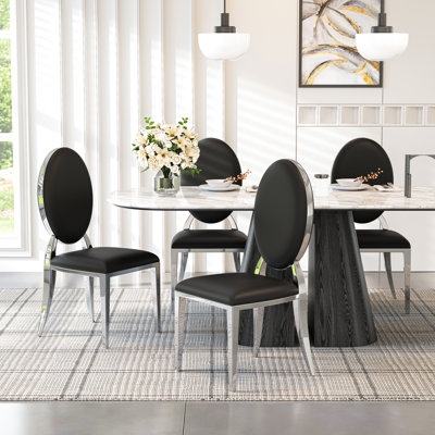 Modern Dining Chair Set, PU Leather Seats With Oval Backrest, Armless Chairs, And Mirror Stainless Steel Legs