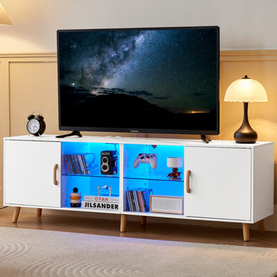 Meuble télé en bois pour téléviseur de 75 po ou moins avec lumière DEL et station de charge, console multimédia Coastal, meuble de rangement multimédia avec 2 portes, meuble télé avec éclairage, cadeau