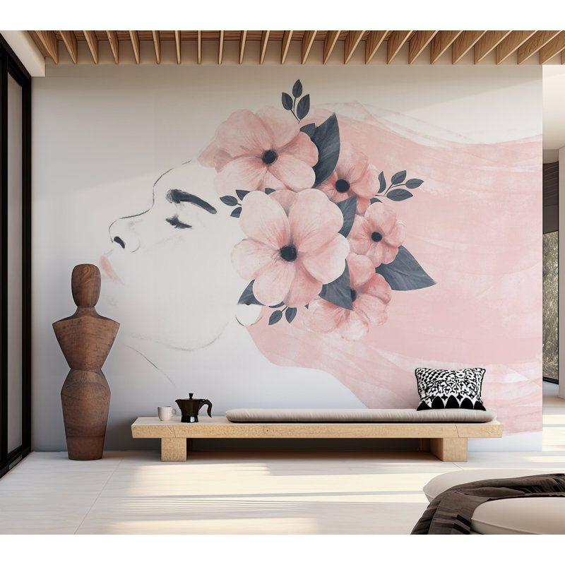 Murale abstraite - Femme avec des fleurs, L 157 po x L 110 po, Non encollé
