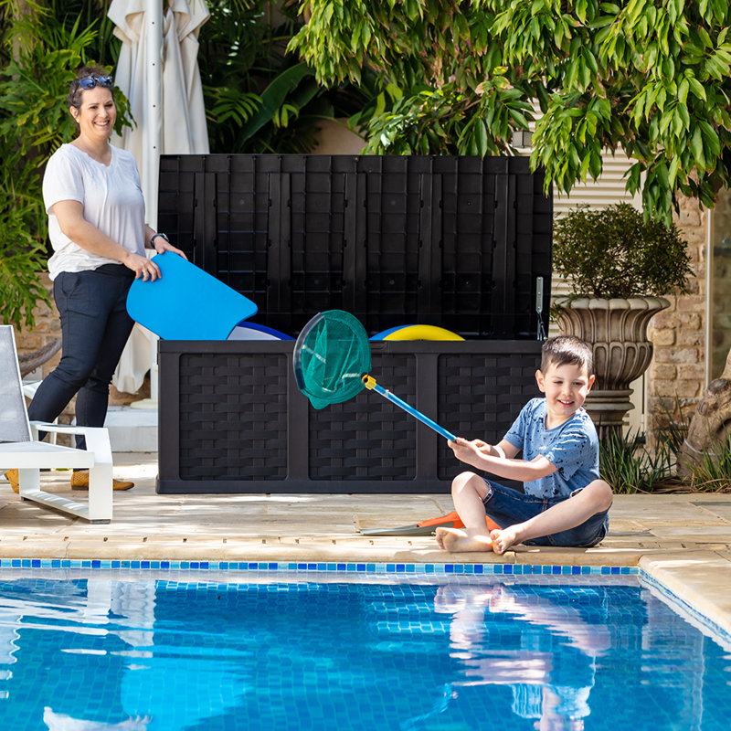 Black Wicker Plastic Lockable Deck Box with Wheels