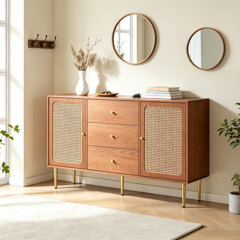 Rattan Sideboard Cabinet for Living Room, Chest of Drawers, Sideboard with 2 Doors and 3 Drawers, Adjustable Shelf, Walnut -90H/150W/40D cm