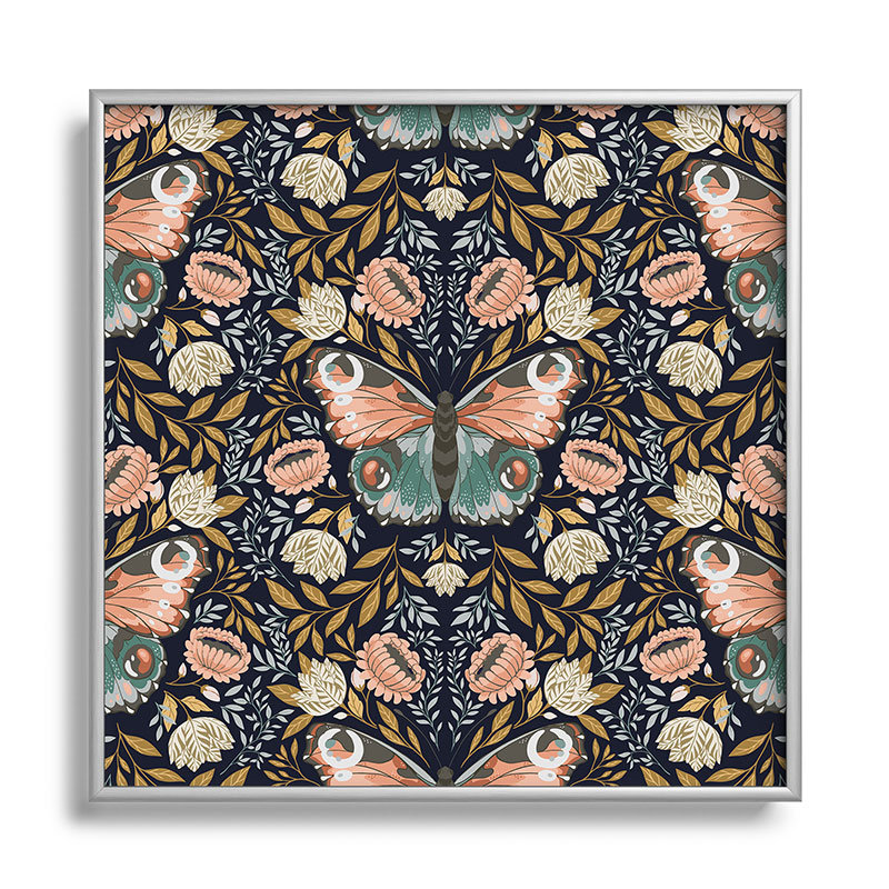 Morris Inspired Butterfly III - Peinture sur verre encadrée, Argent, H 20 po x l 20 po x P 1 po