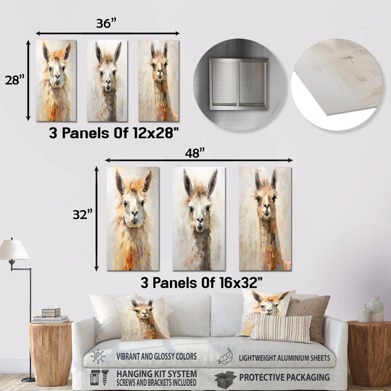 Furry lama - ensemble de 3 reproductions d'art mural en métal lama, H 32 po x l 48 po