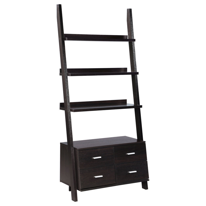 Bibliothèque Cappuccino à 5 tablettes avec quatre tiroirs, 72 pouces de hauteur, 33,5 de largeur, 16,5 de profondeur, espace de bureau avec rangement, matériau de style ouvert, pièce de décoration