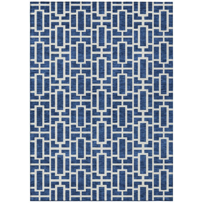 8' X 10' Navy Blue And Ivory Geometric Washable Indoor Outdoor Area Rug