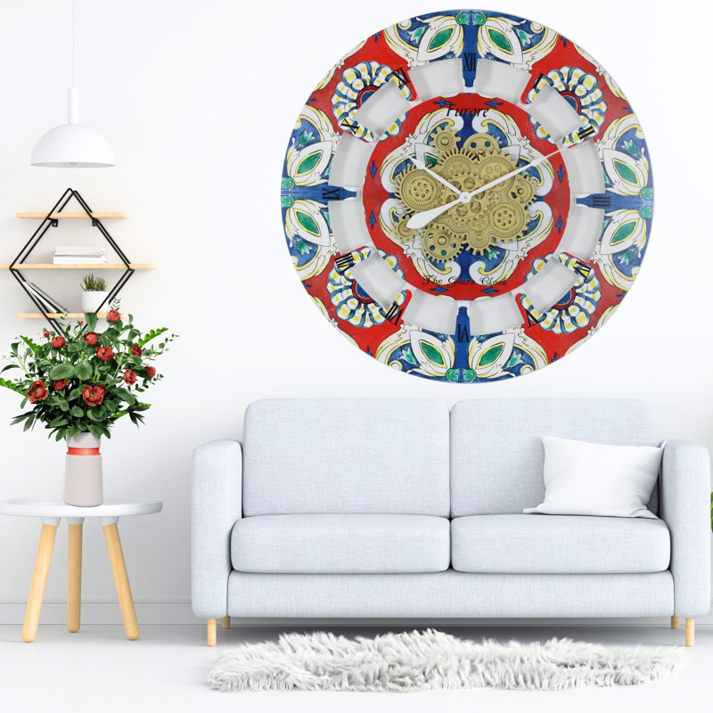 Oversized 36" Multicolor Wood Wall Clock with Moving Gears