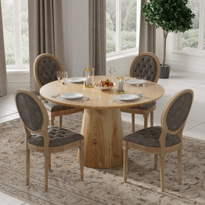 Round Farmerhouse Wooden Dining Set with French Dining Chairs, Faux Leather Dining Chairs