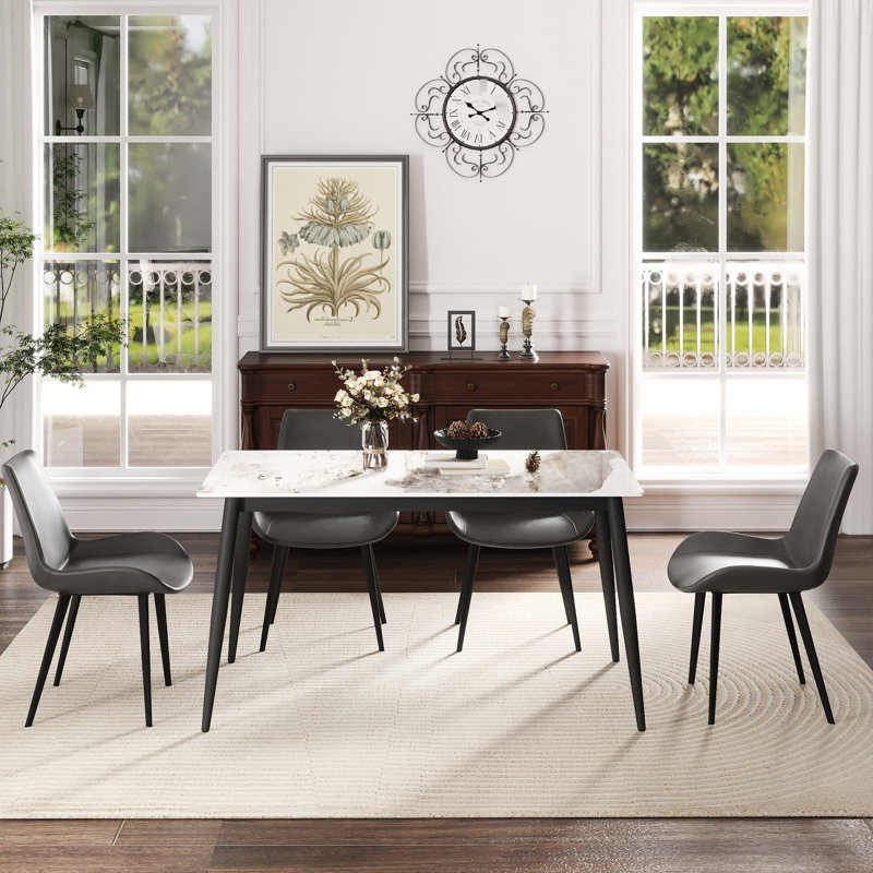 Blanc, moderne, rectangulaire, en pierre frittée, table de salle à manger, 56,53 po, pouvant accueillir 6 personnes, tache, ignifuge, facile à nettoyer, base stable de haute dureté, style moderne, pieds en métal noir, salissure, pièce