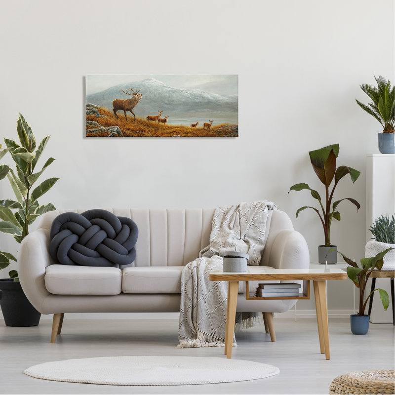 «Deer Herd Mountain Landscape», peinture sur toile, H 17 po x l 40 po x P 1,5 po