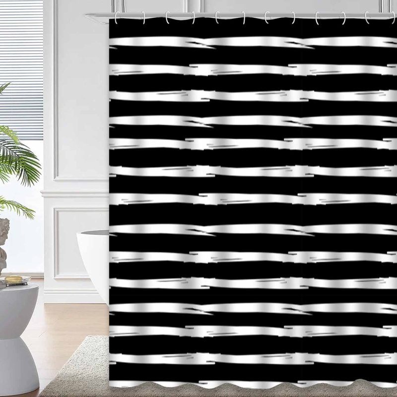 Rideau de douche à rayures noires avec 12 crochets, L 72 po x l 78 po