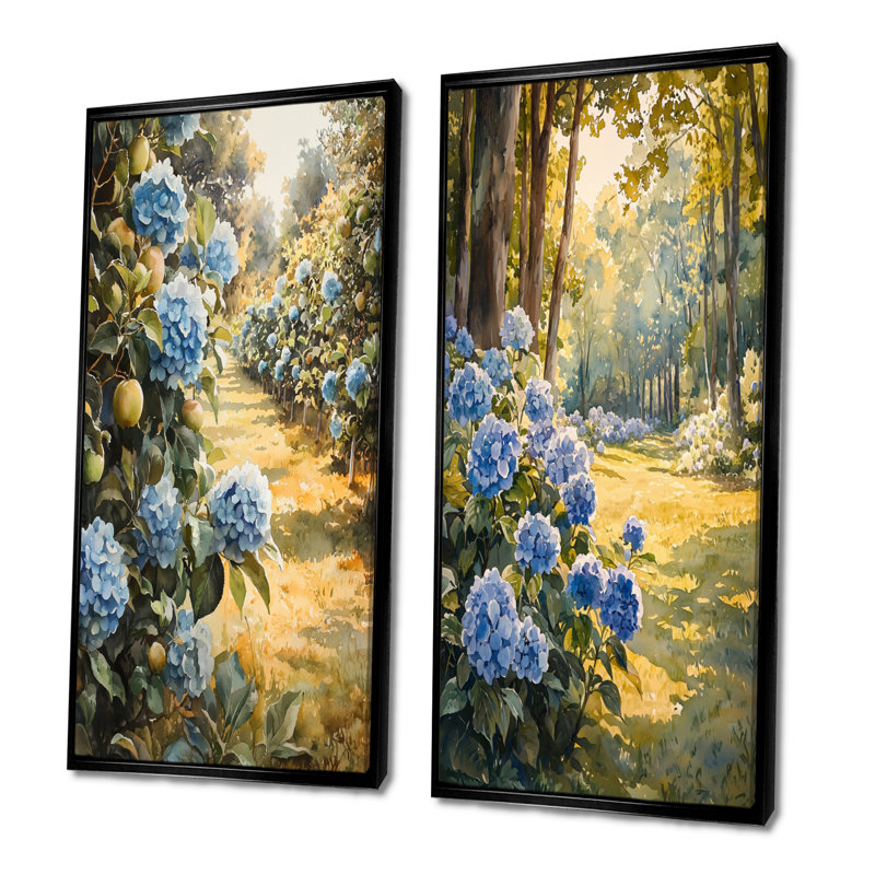 Hydrangeas In The Apple Orchard I - Collection de 2 impressions sur toile florales, H 28 po x l 25 po, Cadre flottant noir