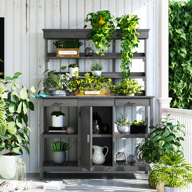Table de jardin 66 po avec 2 tiroirs, armoire et tablettes ouvertes Farmhouse, Gris
