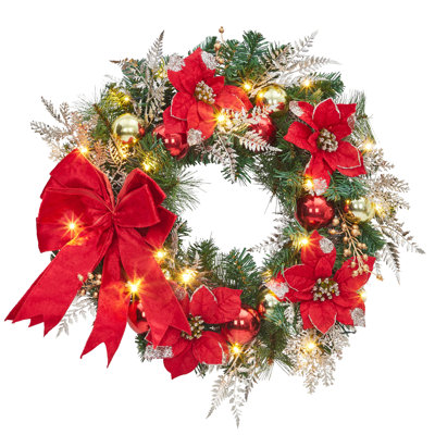24" Christmas Wreath for Front Door with 20 LED Lights Battery Operated, Artificial Holiday Wreath