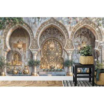 Moroccan Arch Courtyard Golden Lantern Wall Mural for Home Decor