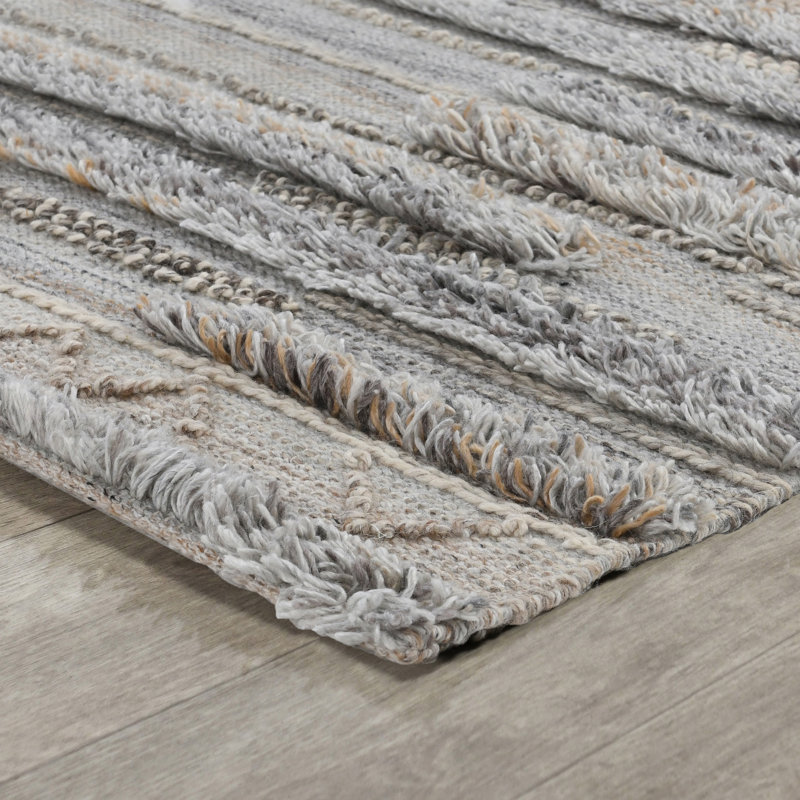 Gray Handwoven Rectangular Wool and Synthetic Stripe Rug