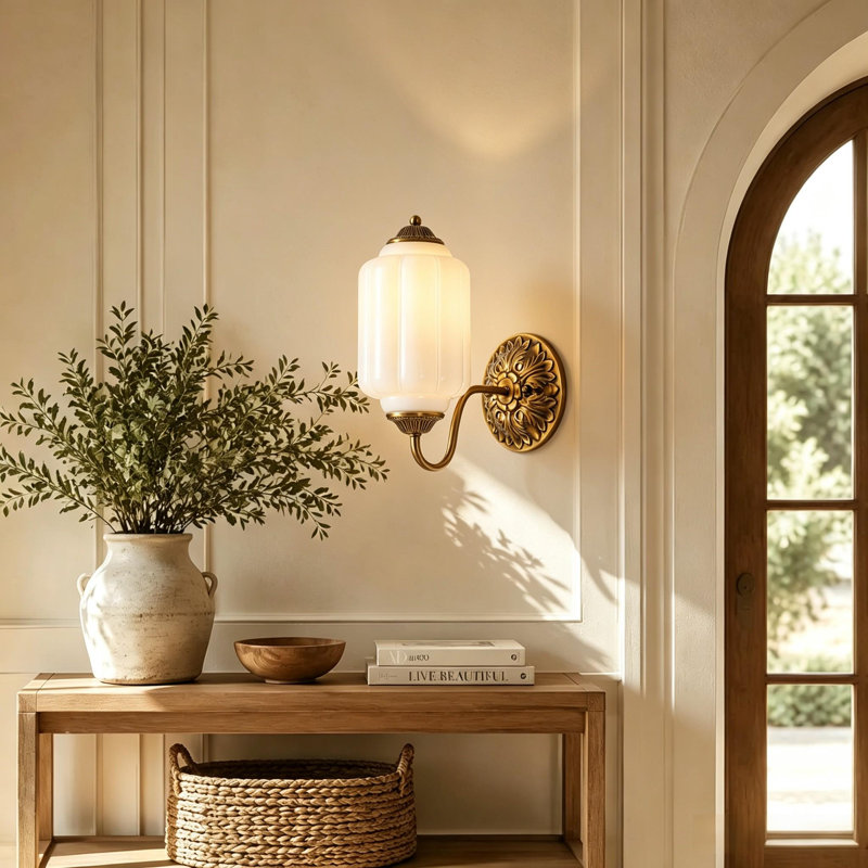 Buckminste 1 - Light Vintage Antique Brass Armed Wall Sconce for Hallway Bedroom, Cream