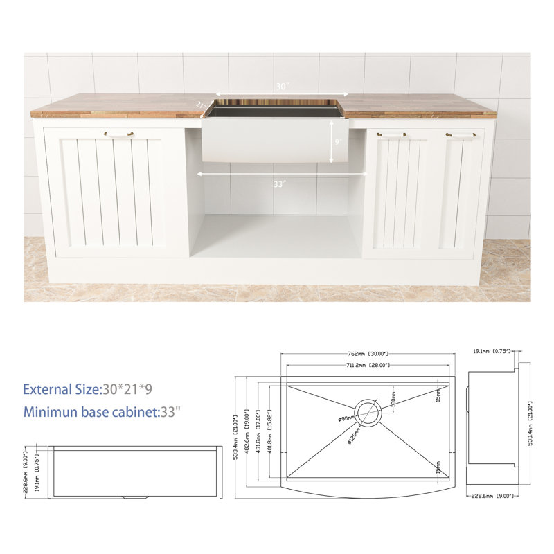 Évier de cuisine 30 po x 21 po x 9 po en acier inoxydable - Poste de travail avec fonction d'insonorisation, calibre 18 de 18 po, surface facile à nettoyer et durable