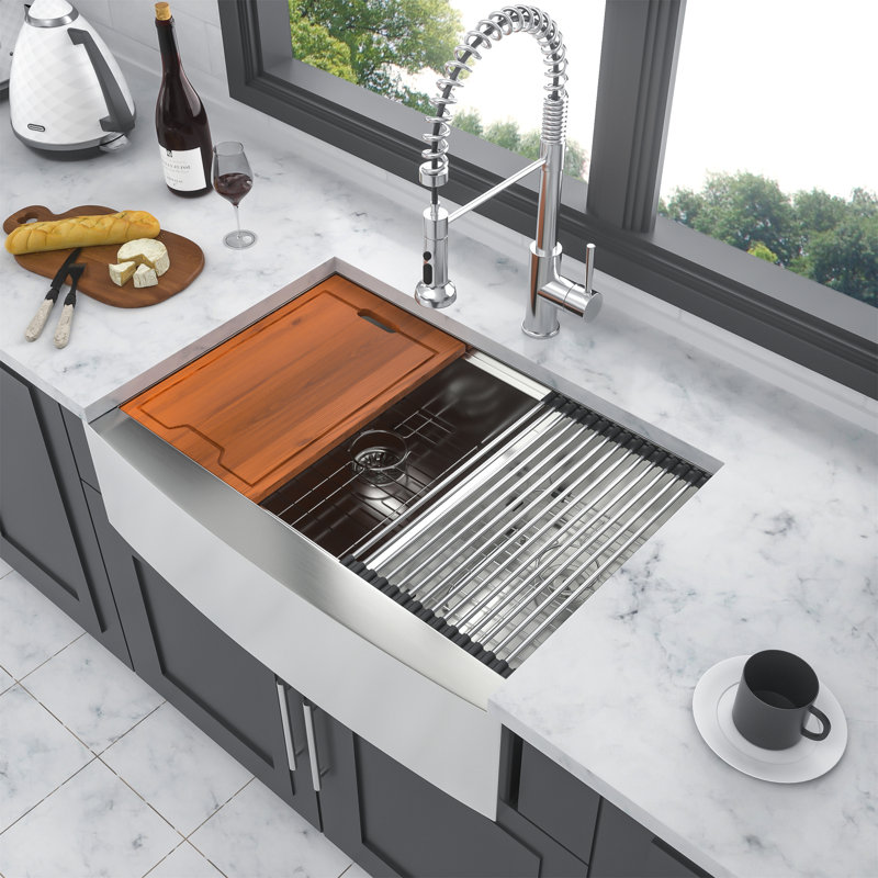 Double Bowl Farmhouse Sink Workstation - 33 Inch Kitchen Sink Stainless Steel 16 Gauge Apron Front Kitchen Sink