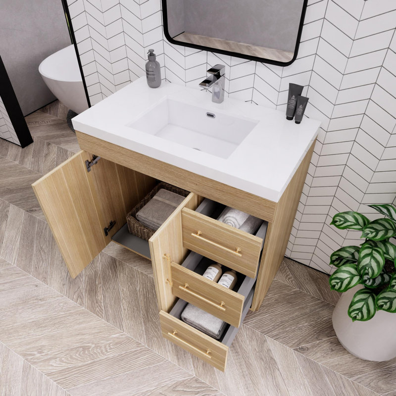 Meuble-lavabo autoportant avec lavabo en acrylique renforcé Eliza, Chêne champagne