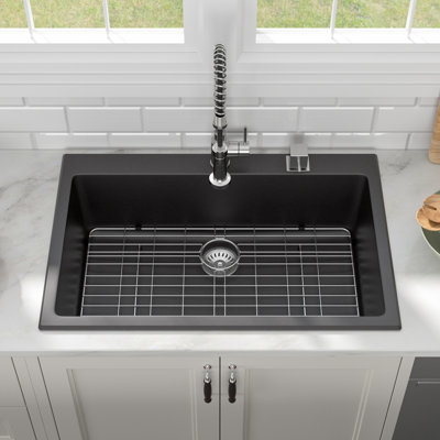 Lofeyo Curved Bottom Matte Black Granite Composite Drop-in Kitchen Sink with Faucet Holes, 33-In