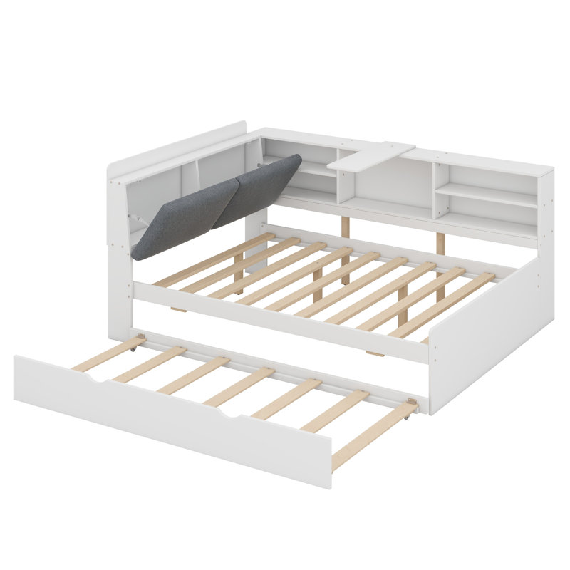 Lit plateforme avec lit gigogne, tablettes et tête de lit, Double, Blanc