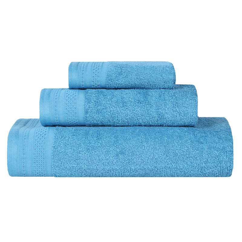 Honeycomb Textured Waffle Border Cotton Medium Weight 3 Piece Towel Set, Azure