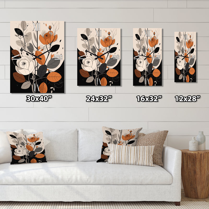 Retro Terracotta Wildflowers Illustration VIII - Abstract Botanicals Wall Clock Oversized, 32" H x 24" W x 1" D