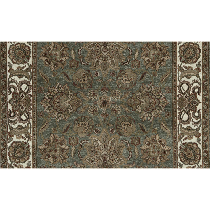 Tapis vert foncé / ivoire / gris noué à la main de haute qualité