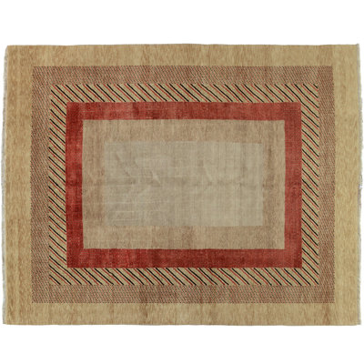 Tapis unique en laine noué à la main beige / rouge de 7 pi 11 po x 10 pi