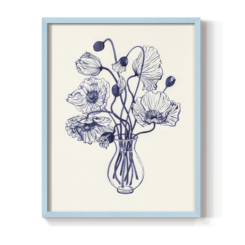 Reproduction encadrée marine coquelicots II - bois massif, H 11 po x l 9 po, Bleu