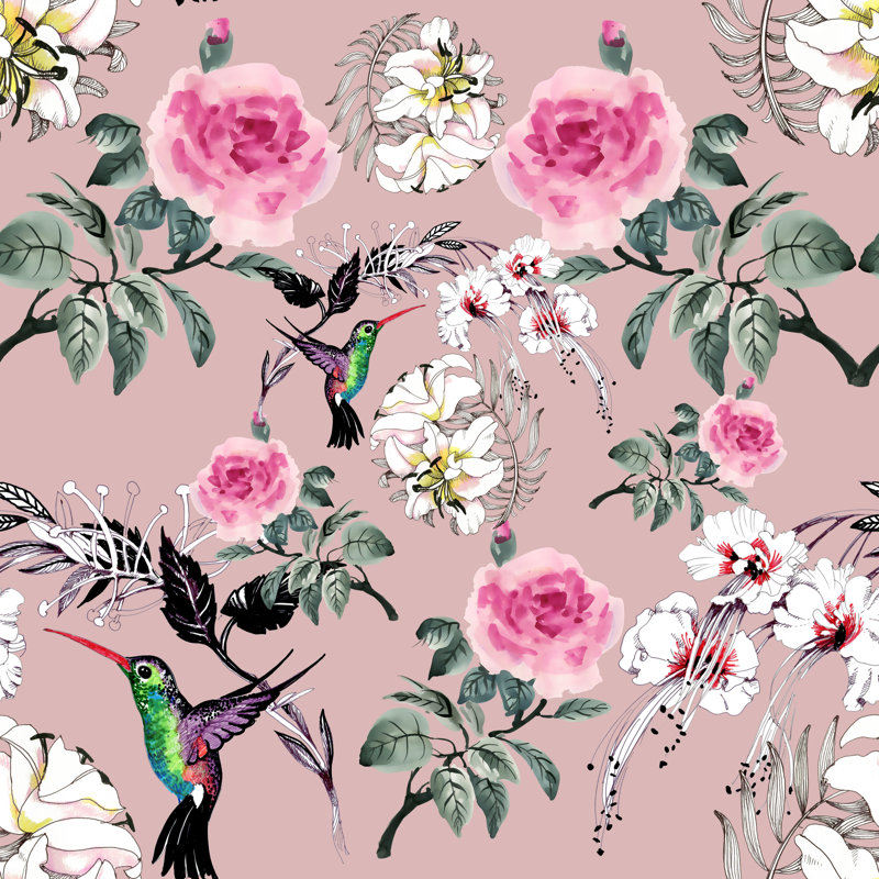 Papier peint amovible vintage roses roses avec oiseaux de fleurs nostalgiques, L 105,96 po x l 187 po